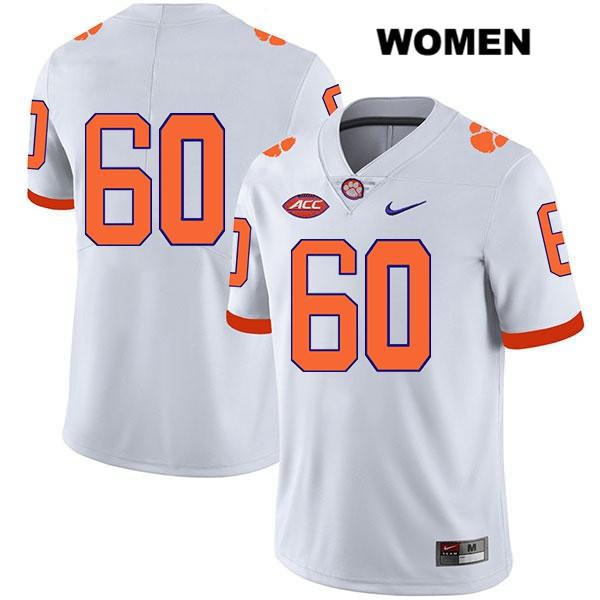 Women's Clemson Tigers #60 Mac Cranford Stitched White Legend Authentic Nike No Name NCAA College Football Jersey PGI8646YB